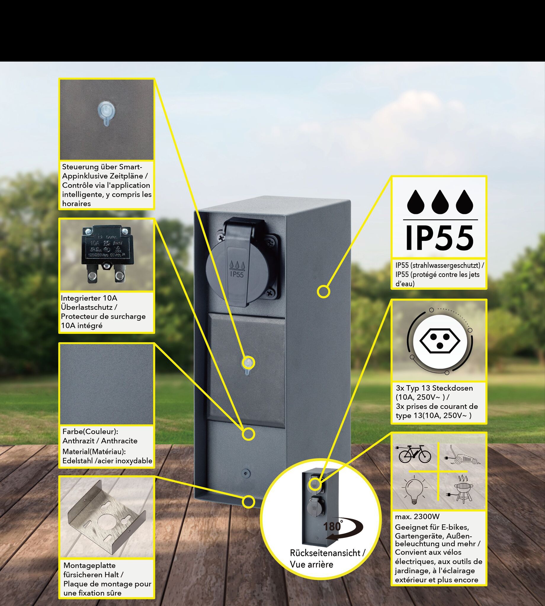 IP55 Smarte Energiesäule 3xT13 - 230V AC, max. 10A, 3xT13, IP55, schwarz-matt, rostfrei, Überlastschutz, L=125mm, B=85mm, H=230mm