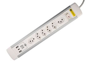 ALU Steckdosenleiste USB-C - 6xT13, 1x USB-C + 2x USB-A max. 3.4A - PD 20W, 2.0m Zuleitung, Stecker T12, Aluminium/weiss