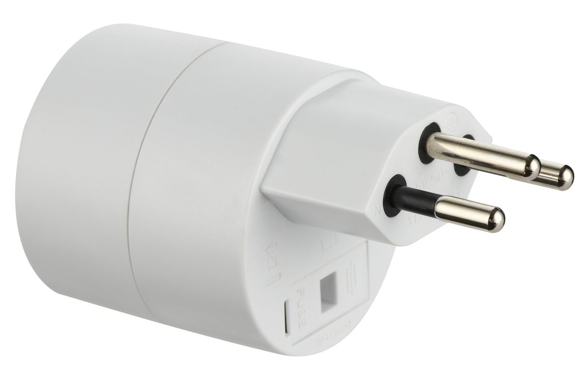 Reiseadapter NO BLOCK - Eingang: Schuko Typ F | Ausgang: Schweiz T12, 10A Sicherung, weiss, VPE10