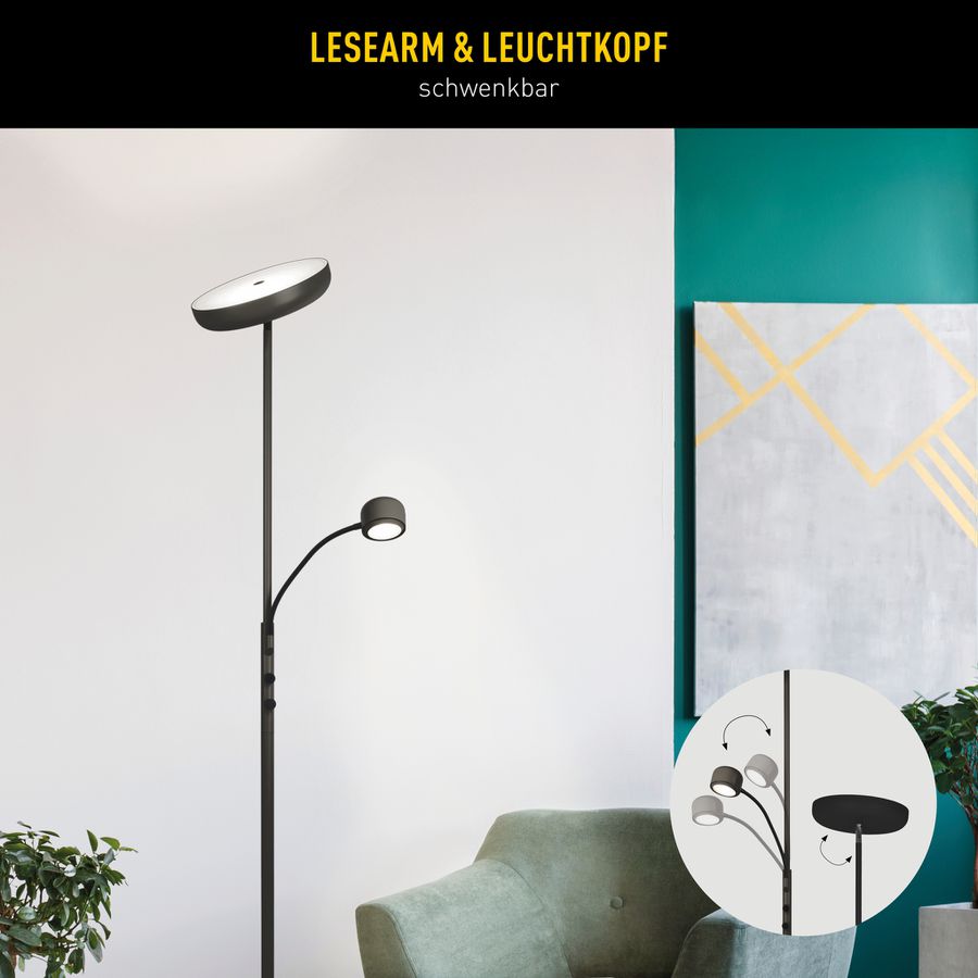 LED Stehleuchte ROMIS mit Lesearm H:180cm schwarz - LED-Modul, IP20, 230V