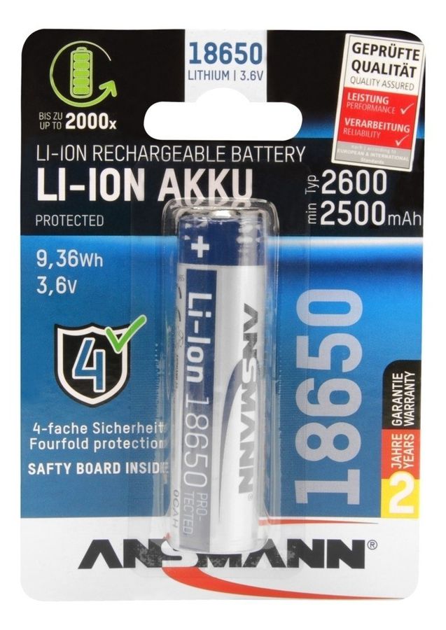 Lithium-Ionen Batterie 18650 - Li-Ion Akku 18650 2600 mAh, 3.6V, silber, geschützter Akku aufgrund Sicherheitsbeschaltung