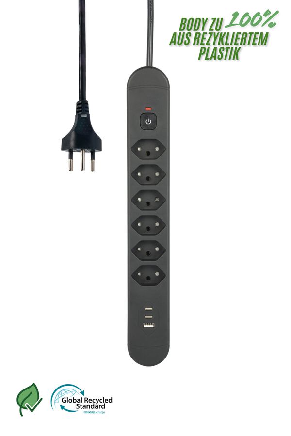 Steckdosenleiste Re:Life USB - 6x T13. 2x USB-C + 1x USB-A, 1.8m Kabel, schwarz
