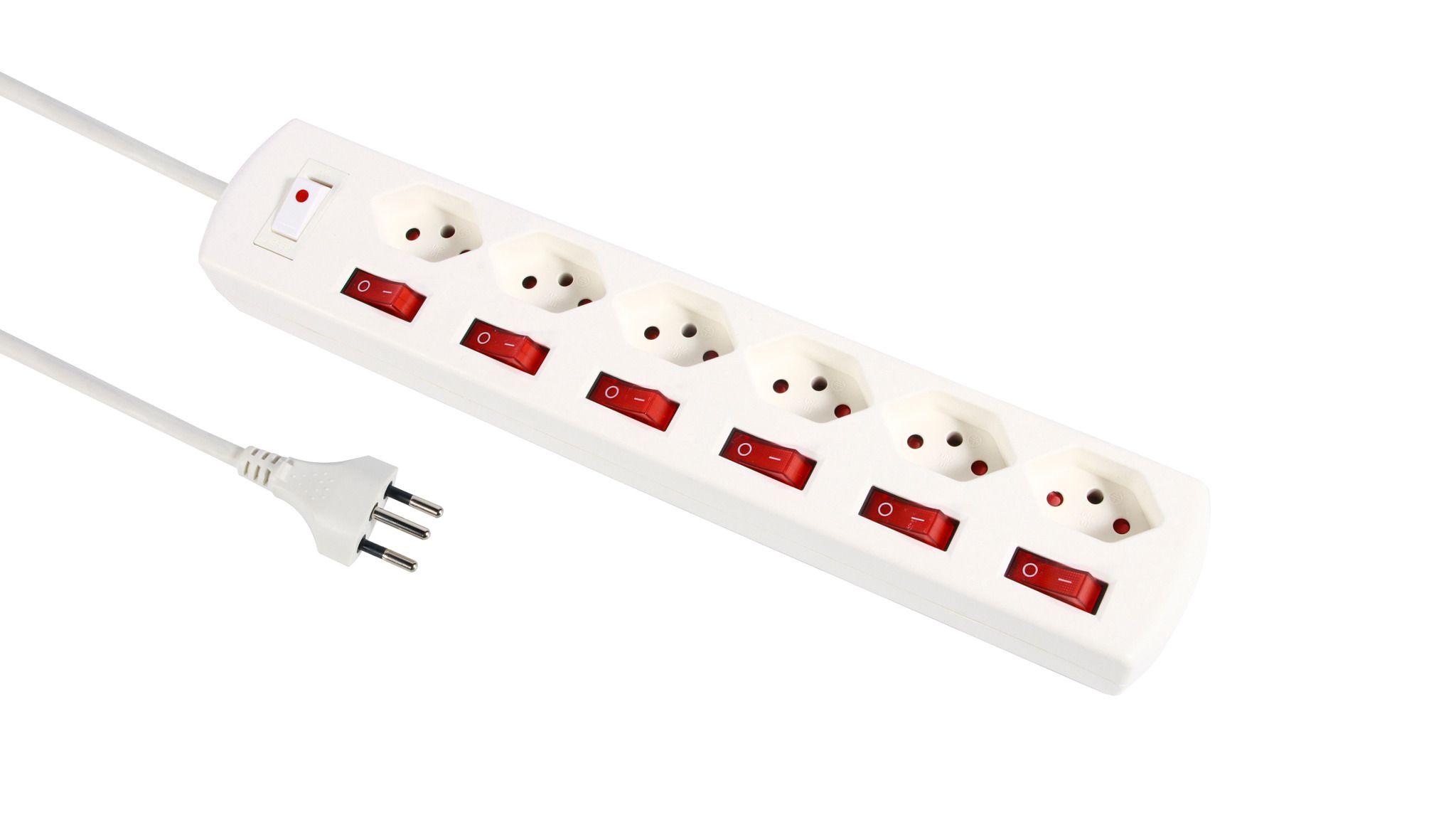 Steckdosenleiste Fix-Line+ MultiSwitch - 6xT13, 2.0m Kabel, einzeln schaltbar + Hauptschalter, weiss