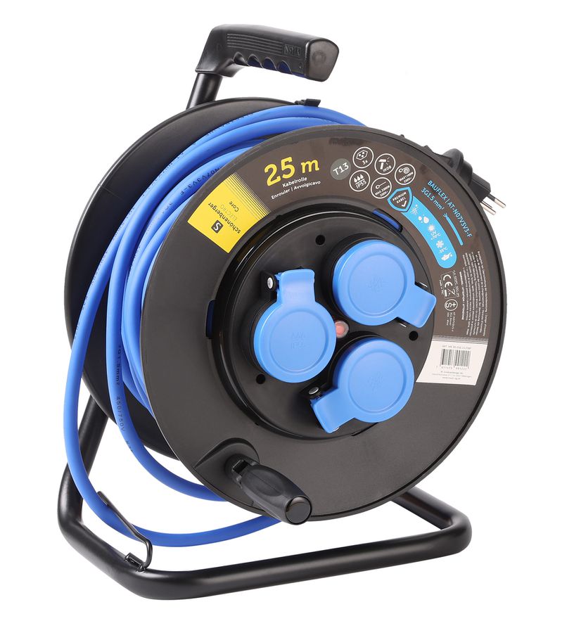 Kabelrolle Kunststoff T13 IP55 25m - BAUFLEX N07V3V3-F 3G1.5mm2 3xT13 Steckdosen