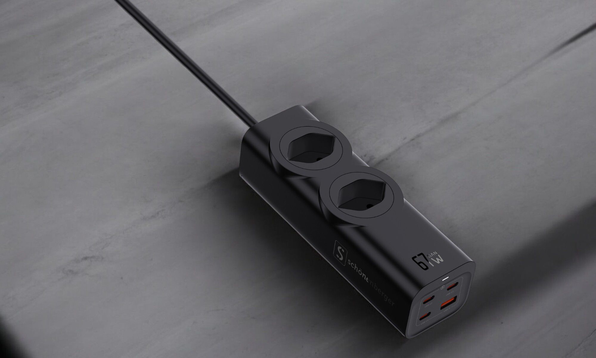 67W GaN Fast Charging Station - 2x T13, Out: USB-C1/ C2/ C3: 67W PD, C1+C2 shared: 45W + C3: 20W, USB-A: 5W, GaN, 1.5m Kabel,schwarz