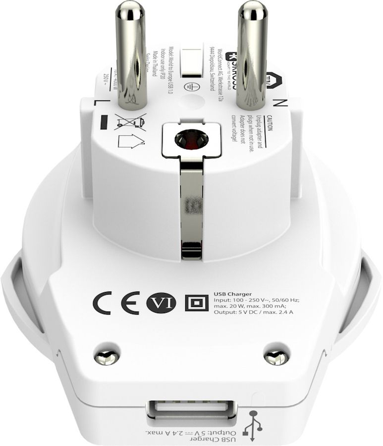 Country World to Europe USB - Out: Schuko, 1xUSB-A, In: CH, Italien, BRA, UK, USA/Japan, 2-Pol EU, AUS/China